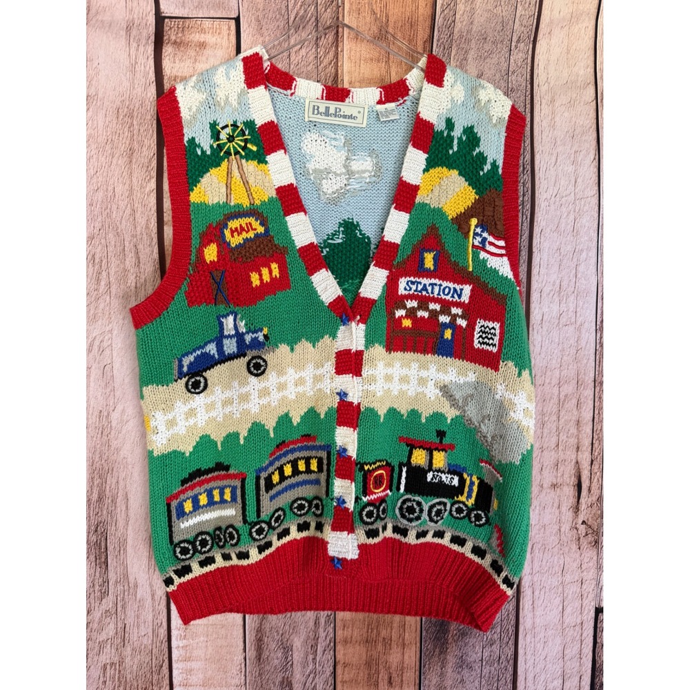 BellePointe Vintage 90s Teacher Vest Railroad Train Novelty Knit Whimsical XL